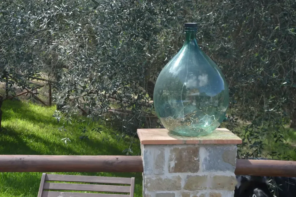 Il giardino con gli ulivi e una damigiana di vetro sul muretto